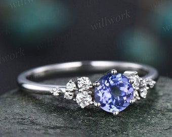 Round natural blue tanzanite ring vintage unique engagement ring 14k white gold 6 prong snowdrift diamond anniversary wedding ring for women