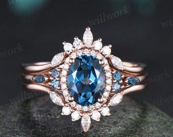 Oval cut London blue topaz ring rose gold vintage halo engagement ring moissanite stacking bridal wedding ring set women silver