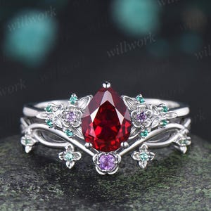 Teardrop pear cut red ruby engagement ring set solid 14k white gold floral leaf emerald amethyst ring vintage anniversary gift