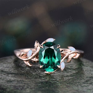 Oval emerald ring vintage leaf marquise opal ring women five stone unique nature inspired engagement ring twig wedding ring rose gold gift