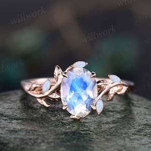 Oval Moonstone ring vintage leaf marquise opal ring women five stone unique nature inspired engagement ring twig wedding ring rose gold gift