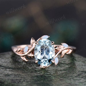 Oval aquamarine ring vintage leaf marquise opal ring women five stone unique nature inspired engagement ring twig wedding ring fine jewelry