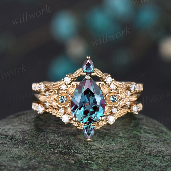 Vintage pear cut alexandrite engagement ring solid 14k yellow gold twig leaf floral unique cluster diamond bridal wedding ring set women