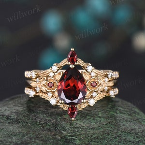 Vintage pear cut red garnet engagement ring solid 14k yellow gold twig leaf floral unique cluster diamond bridal wedding ring set women