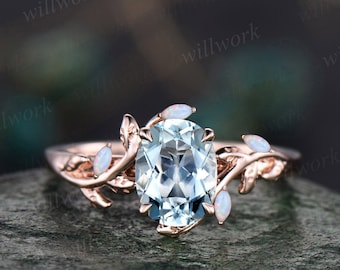 Oval aquamarine ring vintage leaf marquise opal ring women five stone unique nature inspired engagement ring twig wedding ring fine jewelry