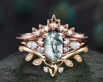 Moosachat Ring Set Grün Moosachat Ring Vintage Sechskant Verlobungsring Diamantring Roségold Verlobung Ringset Frauen