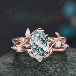 Oval cut moss agate ring vintage five stone opal ring rose gold leaf nature inspired engagement ring art deco twisted wedding ring set women