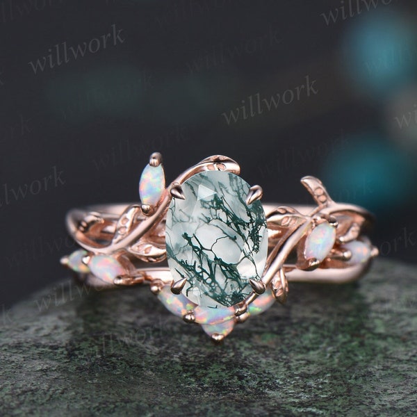 Oval cut moss agate ring vintage five stone opal ring rose gold leaf nature inspired engagement ring art deco twisted wedding ring set women