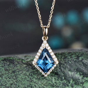 Vintage kite London blue topaz necklace solid 14k 18k yellow gold halo diamond pendant women dainty unique anniversary gift mother jewelry