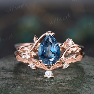 Vintage pear shaped London blue topaz engagement ring rose gold leaf nature inspired diamond bridal set women unique wedding ring gemstone