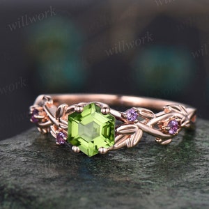 Twig Peridot ring vintage hexagon cut Peridot engagement ring rose gold leaf amethyst ring August birthstone ring anniversary ring for women
