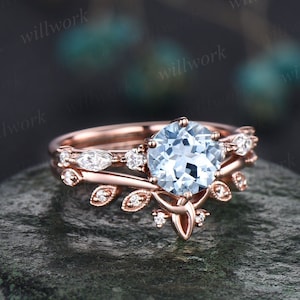 Round cut aquamarine ring gold vintage unique aquamarine engagement ring set art deco diamond ring set six prong marquise ring set jewelry