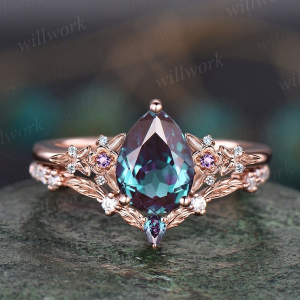 Vintage pear alexandrite engagement ring rose gold leaf flower amethyst ring women unique cluster diamond bridal wedding ring set gift