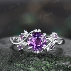 Vintage 1ct round purple amethyst engagement ring leaf 14k white gold ring branch twig nature inspired five stone bridal wedding ring women