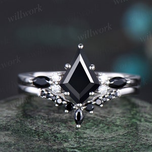 Vintage kite cut black onyx engagement ring solid 14k white gold 6 prong moissanite black spinel wedding anniversary ring set women gift
