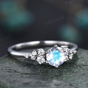Vintage round moonstone engagement ring 14k white gold unique snowdrift 6 prong engagement ring dainty diamond wedding ring for women gift