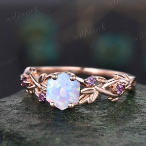 Twig opal ring vintage hexagon cut white opal engagement ring white gold leaf amethyst ring women October birthstone ring anniversary ring