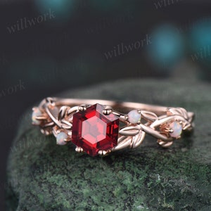 Twig red ruby ring vintage hexagon cut ruby engagement ring solid 14k rose gold leaf opal ring July birthstone ring anniversary ring gift