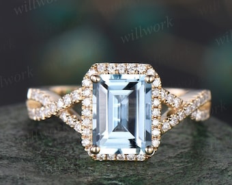 Emerald geslepen aquamarijnring vintage oneindige halo unieke verlovingsring gedraaide diamanten ring massief geelgouden belofte trouwring vrouwen
