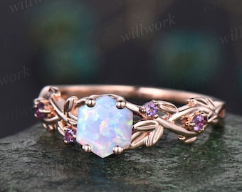 Twig opal ring vintage hexagon cut white opal engagement ring white gold leaf amethyst ring women October birthstone ring anniversary ring