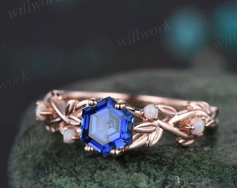 Hexagon cut blue sapphire ring vintage rose gold five stone leaf nature inspired engagement ring twig opal ring women anniversary gift