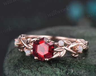 Twig red ruby ring vintage hexagon cut ruby engagement ring solid 14k rose gold leaf opal ring July birthstone ring anniversary ring gift