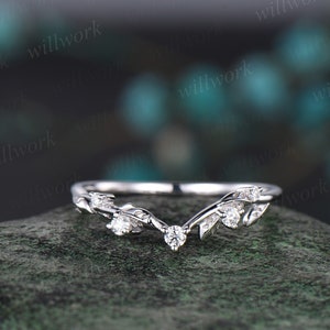 Five stone leaf diamond wedding band solid 14k white gold stacking matching bridal anniversary ring gift