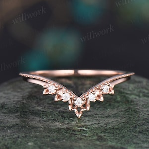 Vintage Milgrain diamond wedding band solid 14k rose gold five stone curved moissanite wedding ring band dainty anniversary ring women gift