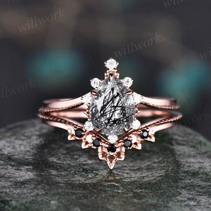 Unique pear shaped black rutilated quartz engagement ring set rose gold black diamond ring vintage moissanite anniversary ring set women