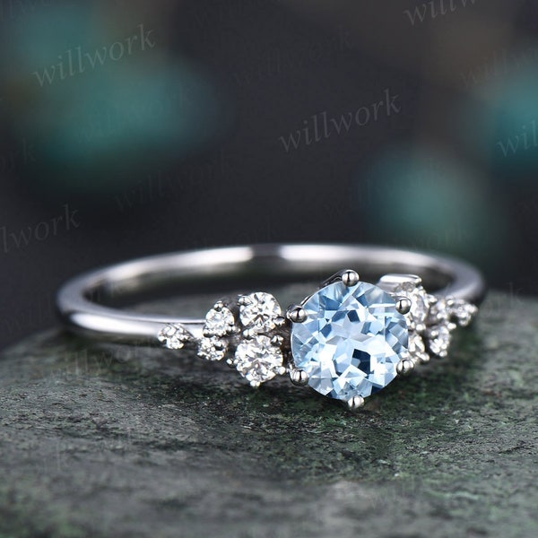 Dainty round aquamarine ring gold vintage aquamarine engagement ring white gold unique snowdrift engagement ring diamond ring women gifts