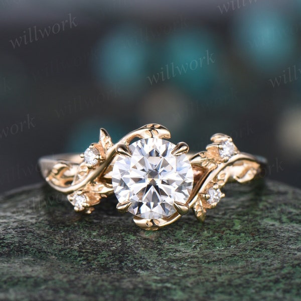 Vintage 1ct round cut moissanite engagement ring yellow gold art deco leaf five stone diamond anniversary promise wedding ring women gift
