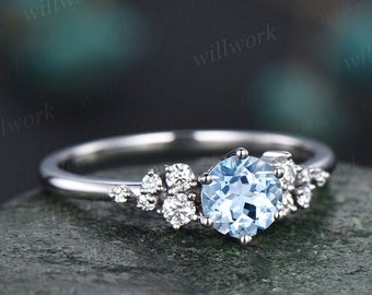 Dainty round aquamarine ring gold vintage aquamarine engagement ring white gold unique snowdrift engagement ring diamond ring women gifts