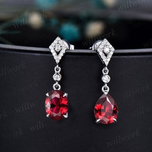 Vintage pear oval cut red ruby earrings women solid 14k white gold dainty kite halo diamond drop earrings gemstone anniversary gift for her