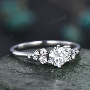 Round moissanite ring vintage moissanite engagement ring white gold unique snowdrift 6 prong engagement ring diamond wedding ring for women