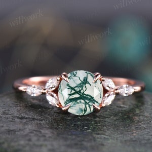 Round moss agate engagement ring art deco moissanite ring rose gold ring for women marquise ring unique vintage best engagement ring gift