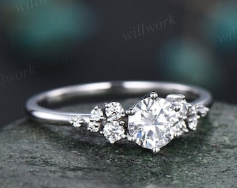 Round moissanite ring vintage moissanite engagement ring white gold unique snowdrift 6 prong engagement ring diamond wedding ring for women