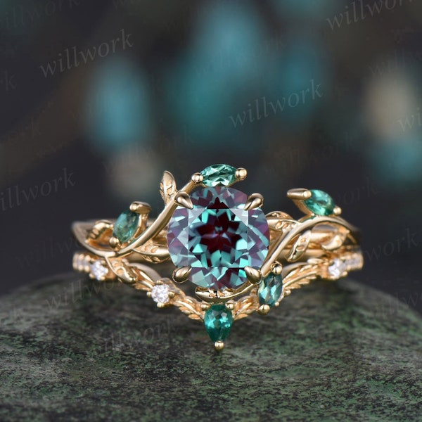 Vintage round cut Alexandrite engagement ring 14k yellow gold cluster leaf nature inspired emerald bridal promise wedding ring set women