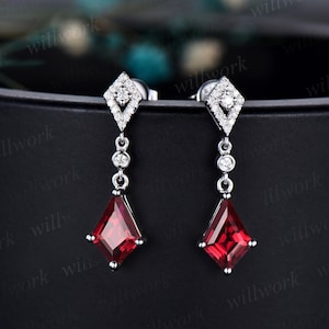 Vintage kite cut red ruby earrings solid 14k white gold halo diamond drop earrings women July birthstone dainty anniversary gift for her