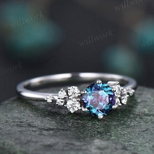 Vintage round alexandrite engagement ring white gold unique snowdrift 6 prong engagement ring dainty diamond wedding ring for women gift