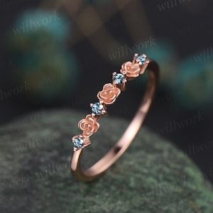 Dainty flower Alexandrite wedding band solid 14k rose gold stacking unique vintage wedding ring band for women anniversary ring gift