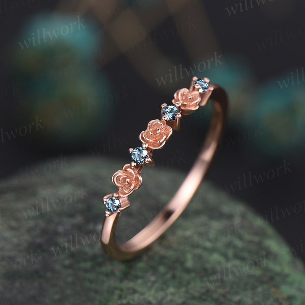 Dainty flower Alexandrite wedding band solid 14k rose gold stacking unique vintage wedding ring band for women anniversary ring gift