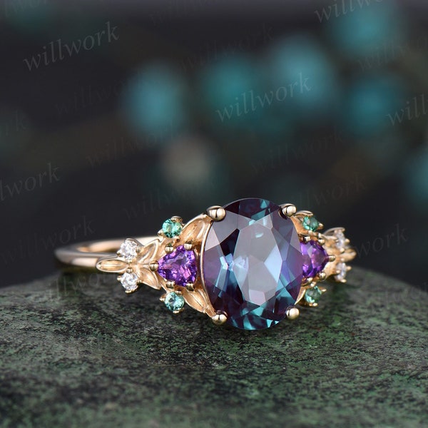 Bague de fiançailles en alexandrite de taille ovale en or jaune 14 carats massif, bague d'anniversaire pour femmes en grappes de feuilles vintage émeraude Trilliant améthyste