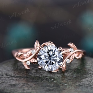 Vintage 1kt ronde grijze moissaniet verlovingsring blad 14k roségouden ring tak takje natuur geïnspireerde vijf stenen diamanten trouwring vrouwen