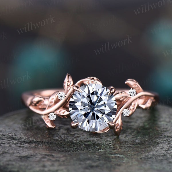 Vintage 1ct round gray moissanite engagement ring leaf 14k rose gold ring branch twig nature inspired five stone diamond wedding ring women