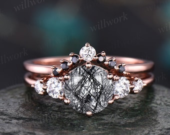Vintage black rutilated quartz engagement ring set five stone rose gold ring women black diamond ring set stacking ring set promise ring