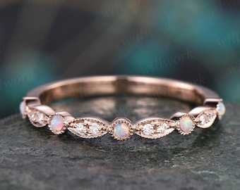 Vintage opal ring opal wedding band 14k rose gold art deco diamond wedding ring band half eternity stacking ring October birthstone ring