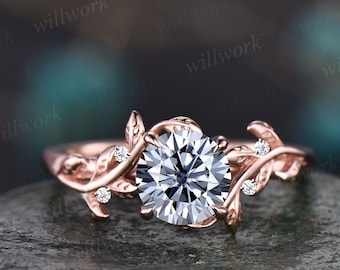 Vintage 1ct runden grauen Moissanit Verlobungsring Blatt 14k Rose Gold Ring Zweig Zweig Natur inspiriert fünf Stein Diamant Ehering Frauen