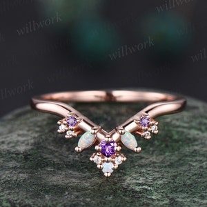 Curved opal wedding band solid 14k rose gold vintage snowdrift amethyst moissanite weedding ring band women stacking anniversary ring gift