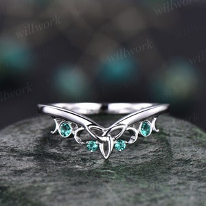 Unique emerald wedding band 14k white gold emerald ring vintage norse viking ring jewelry dainty wedding bridal anniversary ring band women