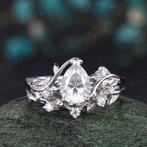 Leaf Pear shaped moissanite engagement ring set solid 14k white gold three stone diamond art deco ring women unique wedding ring set
